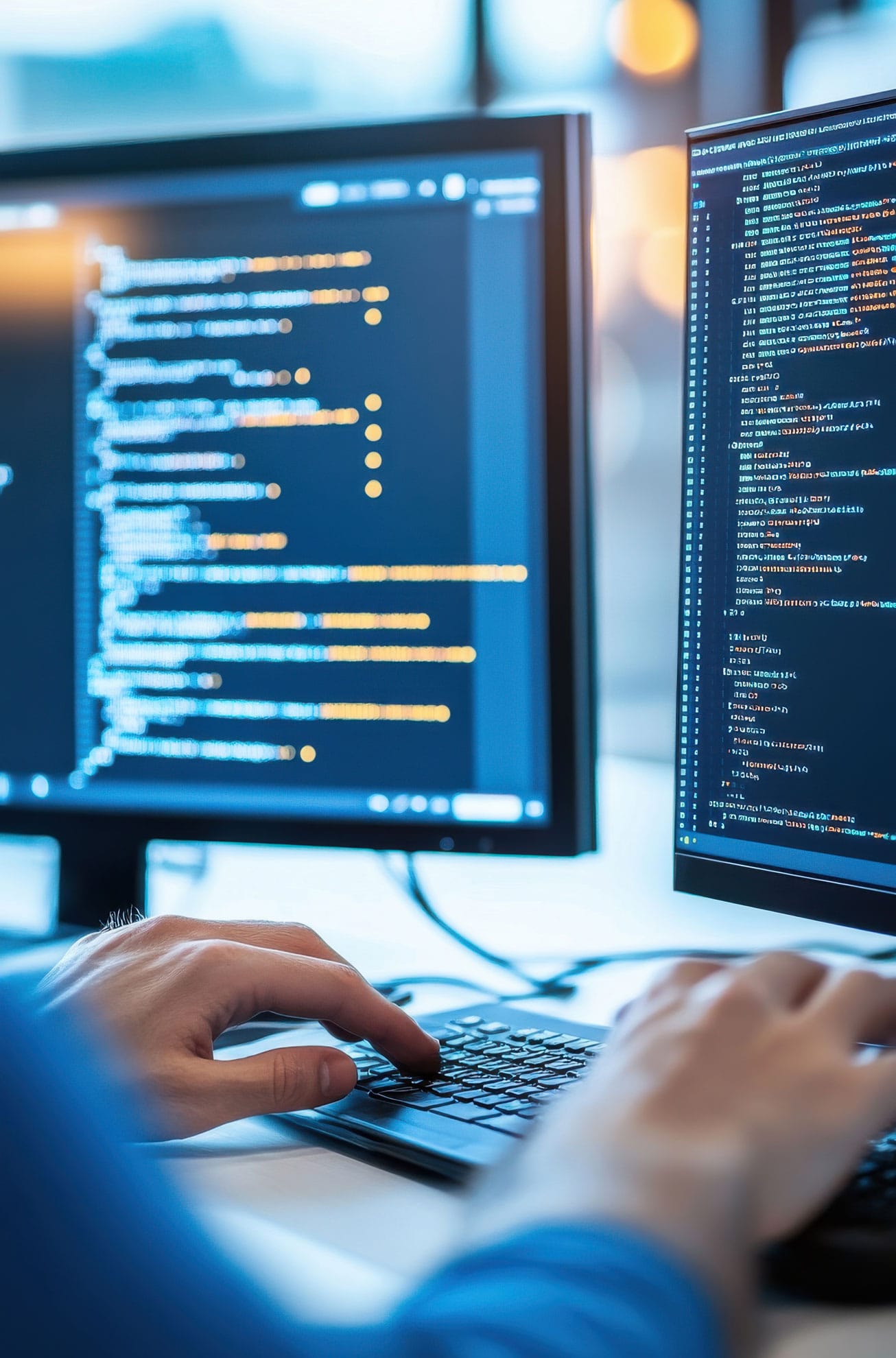 Webdesigner tippt auf Tastatur, zwei Monitore zeigen bunte Codezeilen im Aargauer Büro.