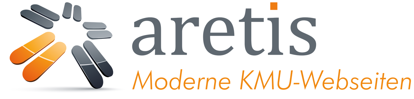 Logo mit rundem, abstraktem Design in Orange, Grau und Schwarz neben "aretis".