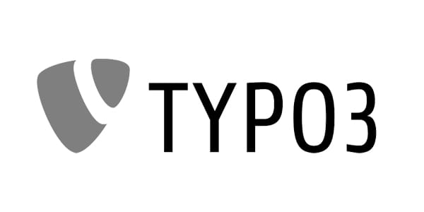 TYPO3-Logo mit einem Schildsymbol und "TYPO3" in fetten schwarzen Buchstaben auf weißem Hintergrund.