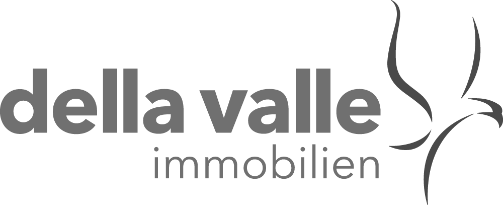 Logo für "della valle immobilien" mit einer grauen Schrift und einem abstrakten Vogel auf der rechten Seite.