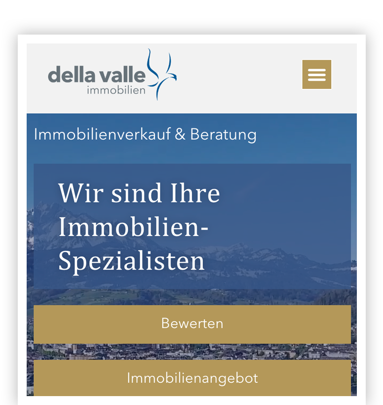 Della valle immobilien website auf Mobilgerät mit Logo, Menü und goldenen Buttons.