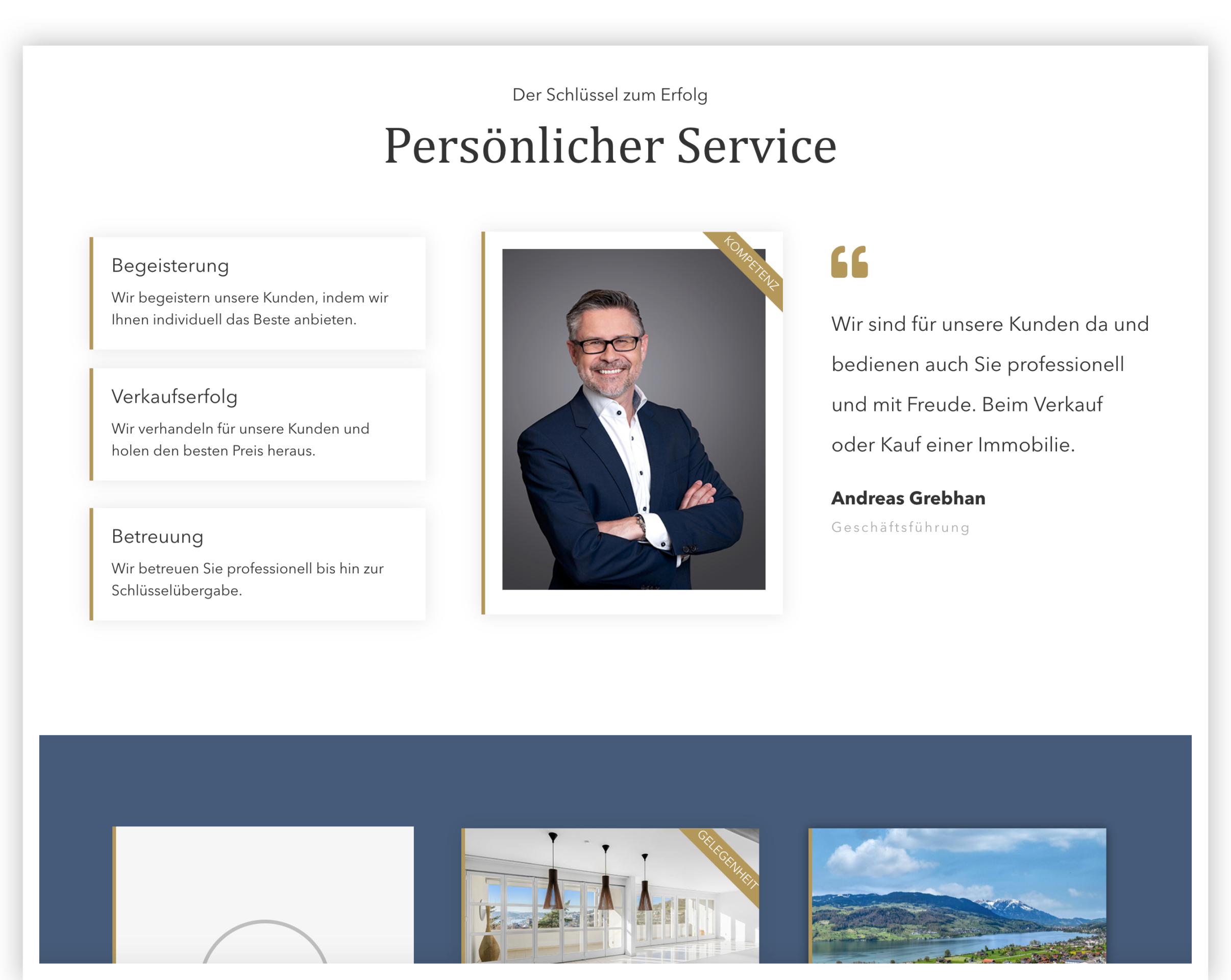 Portrait eines lächelnden Mannes im Anzug neben Servicepunkten und Kundenreferenz.