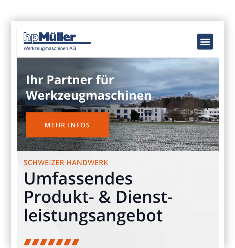 Website der Müller Werkzeugmaschinen AG mit Logo, Banner und Infos zu Produkten/Dienstleistungen.
