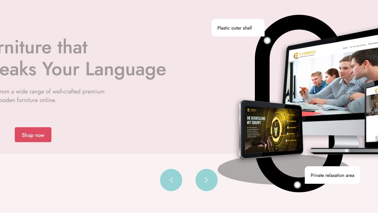Website-Banner mit "Möbel, die Ihre Sprache sprechen", Schaltfläche "Jetzt kaufen", Produktbilder.