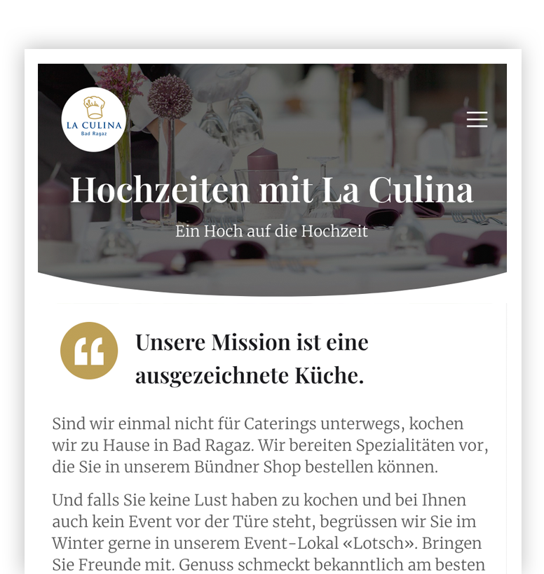 La Culina Catering Website mit Blumenlogo, Überschrift und Mission zu Events & Hochzeiten.