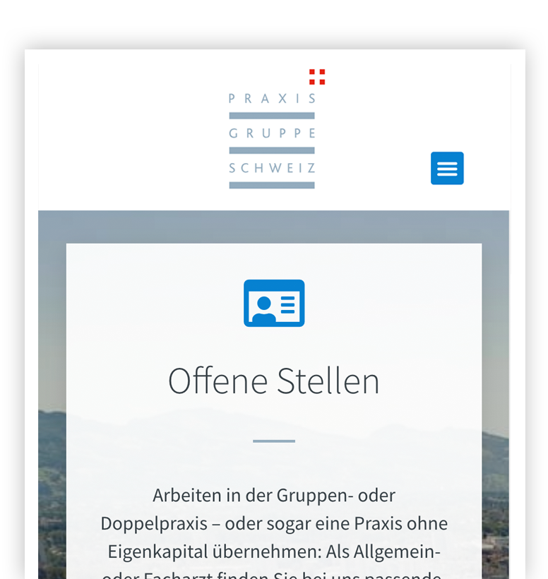 Praxis Gruppe Schweiz mobile Website mit Logo, Menü und Bereich "Offene Stellen.