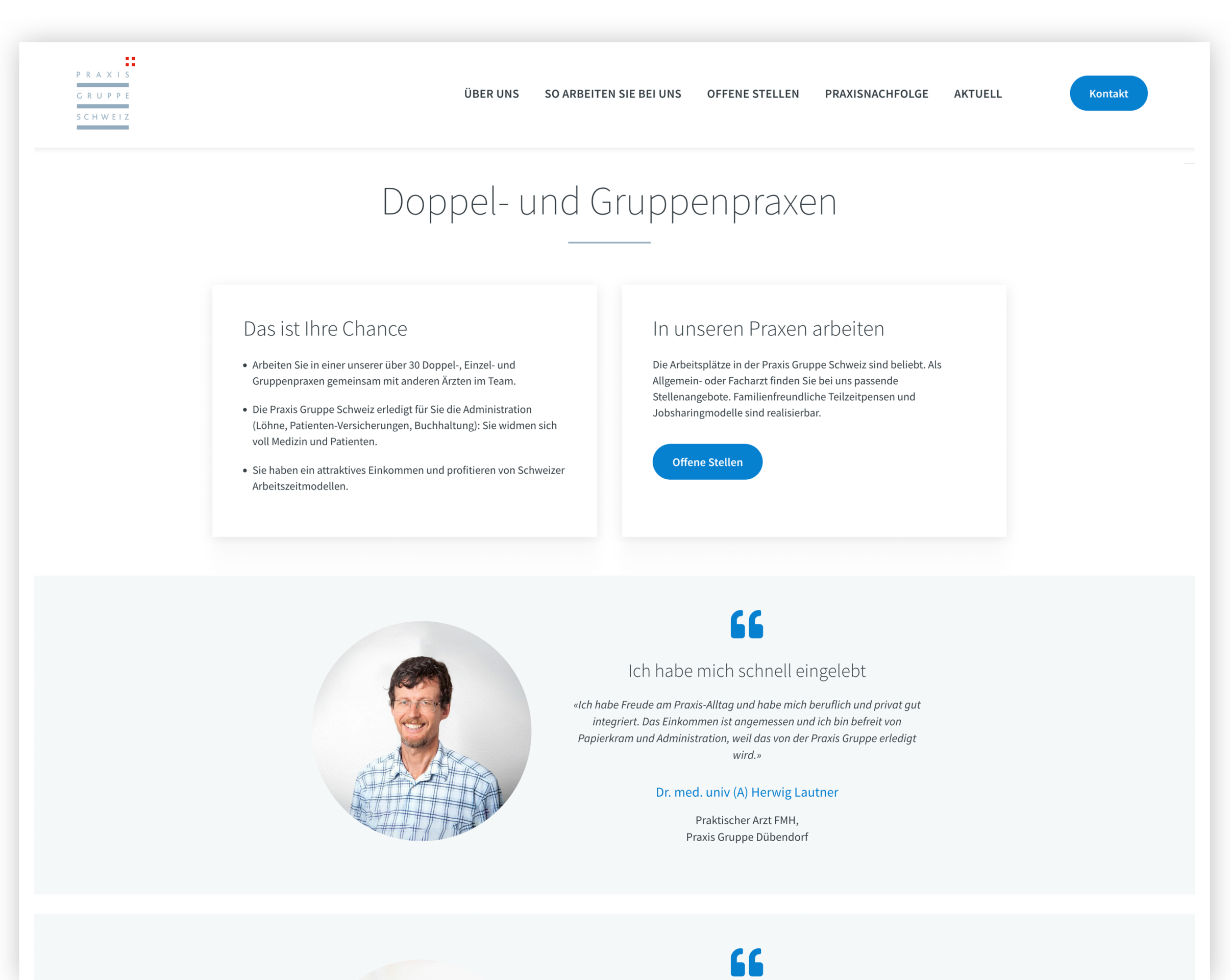 Screenshot einer Website-Sektion für Doppel- und Gemeinschaftspraxen mit Infos und Kundenstimme.