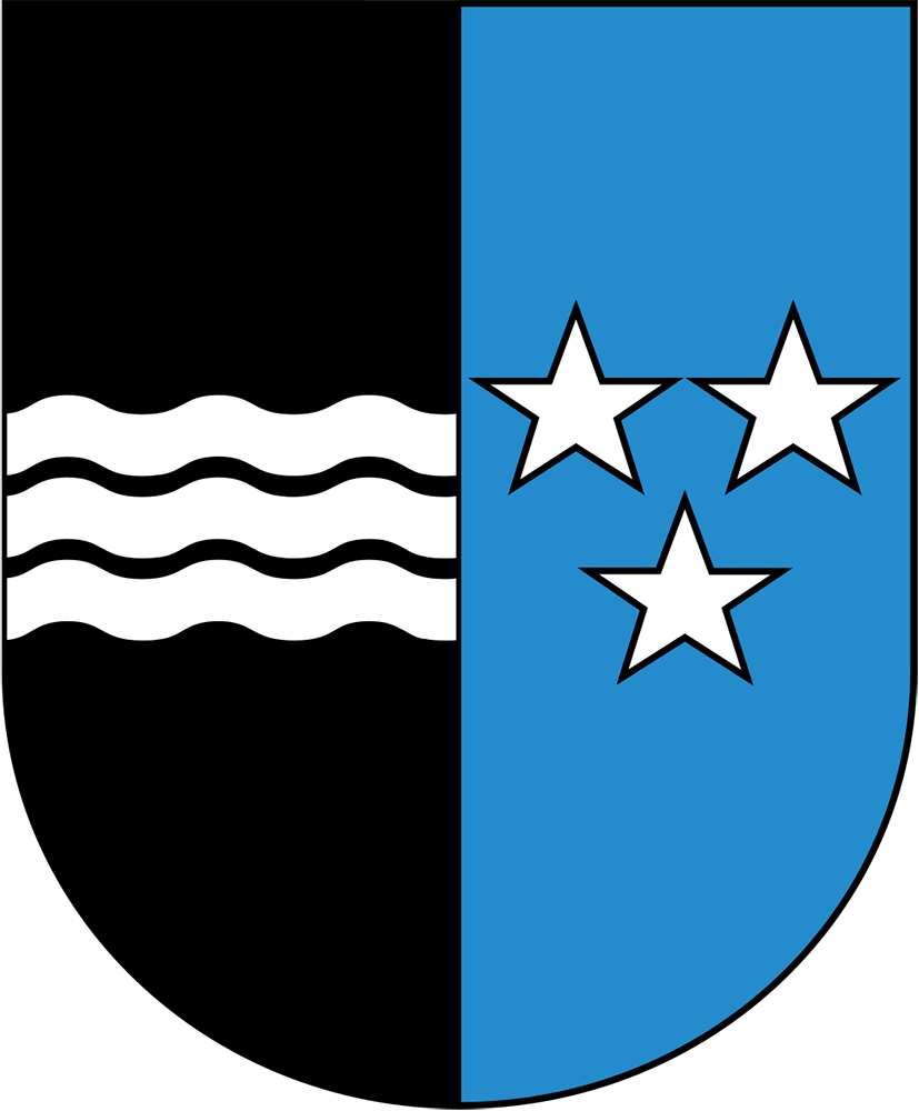 Geteilter Schild: links schwarz mit drei gewellten weißen Linien, rechts blau mit drei weißen Sternen.