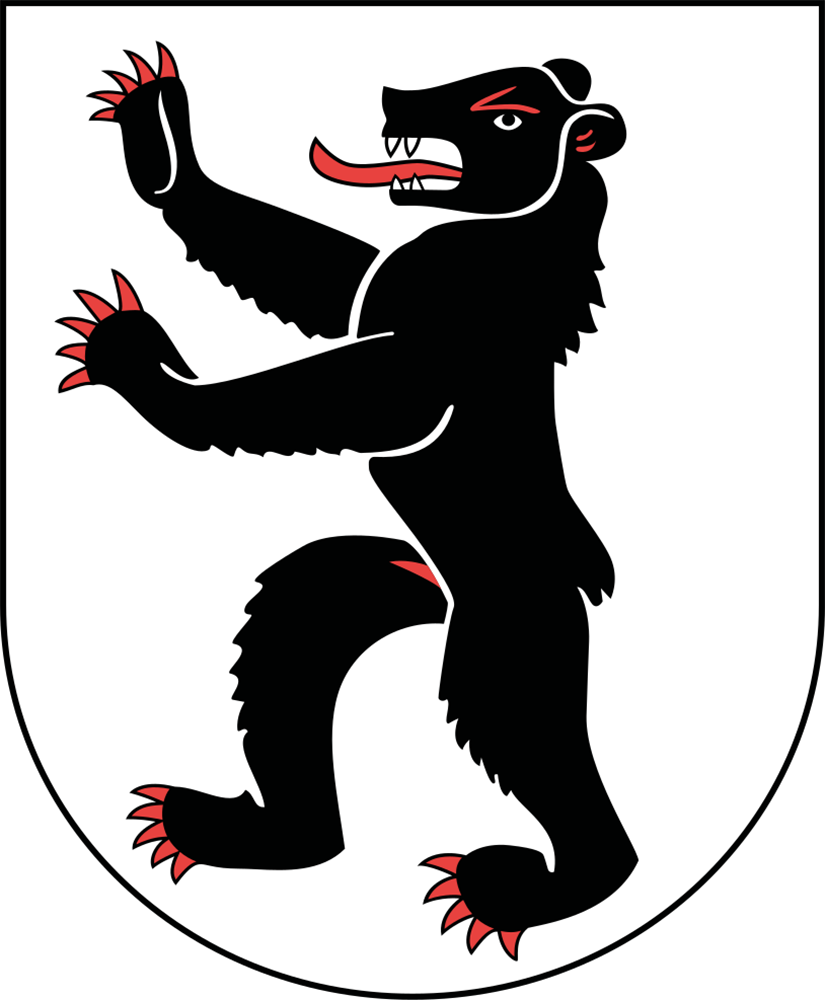 Schwarzer Bär mit roten Krallen und Zunge auf weißem Schild, Symbol für Appenzell.