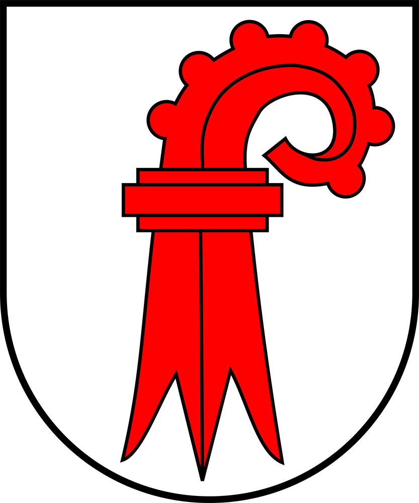 Weißer Schild mit rotem Bischofsstab mit sieben Knäufen, nach rechts gerichtet.