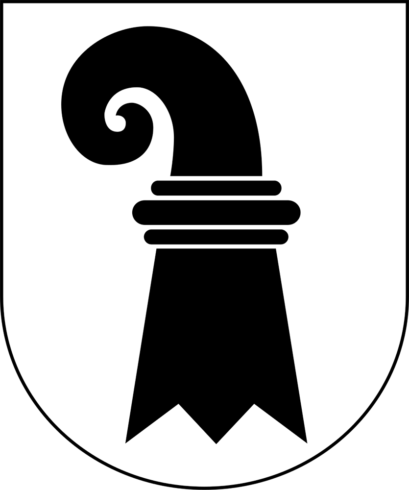 Stilisierter schwarzer Bischofsstab und Mitra innerhalb der Schildform mit schwarzem Rand.