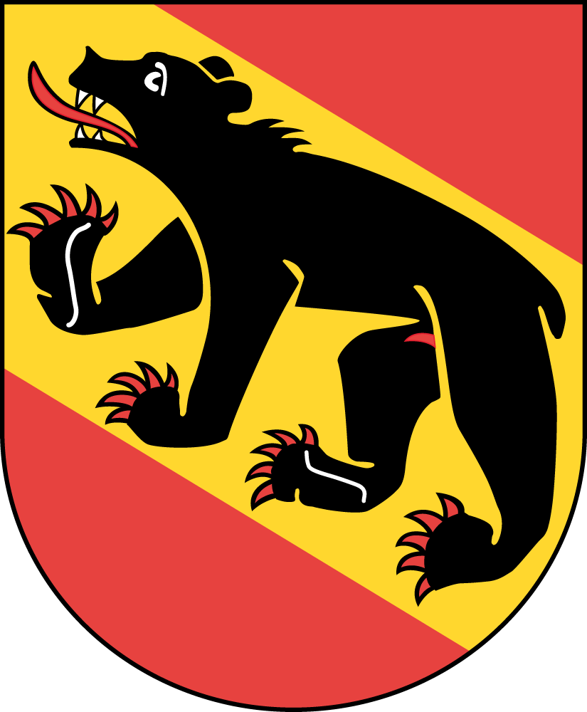 Ein heraldischer Schild mit gelbem Hintergrund, rotem Schrägstreifen und schwarzem schreitendem Bär.