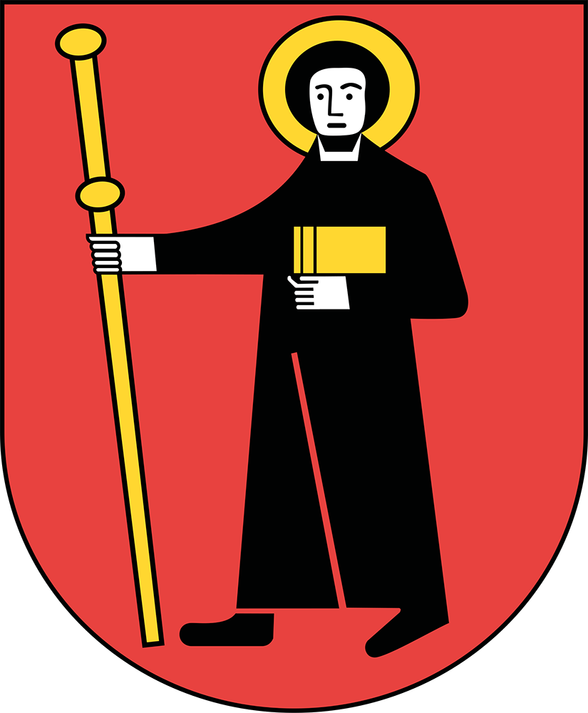 Halbmondförmige Figur in schwarzem Gewand mit goldenem Stab und Buch auf rotem schildförmigen Hintergrund.