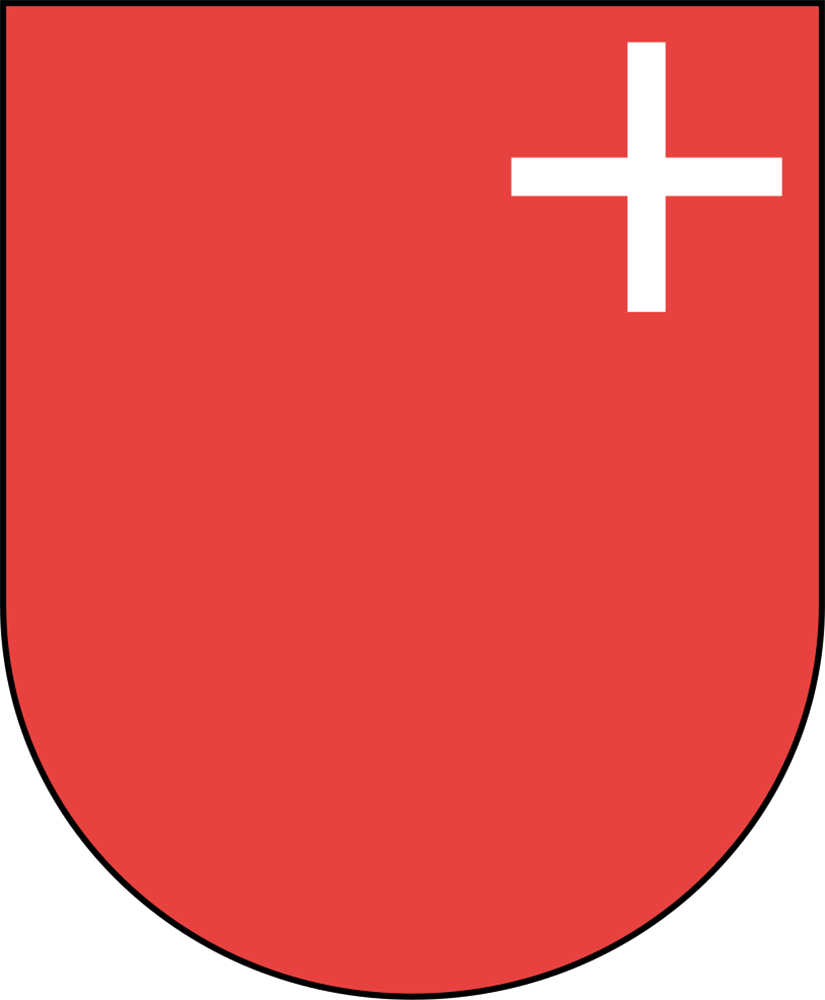 Roter Schild mit kleinem weißen Kreuz oben rechts, inspiriert vom Schwyzer Wappen.