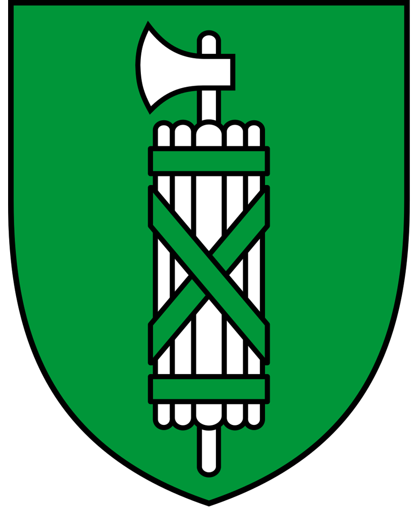 Grüner Schild mit weißer Faszikel, gekreuzt von zwei grünen Bändern, die die Autorität symbolisieren.