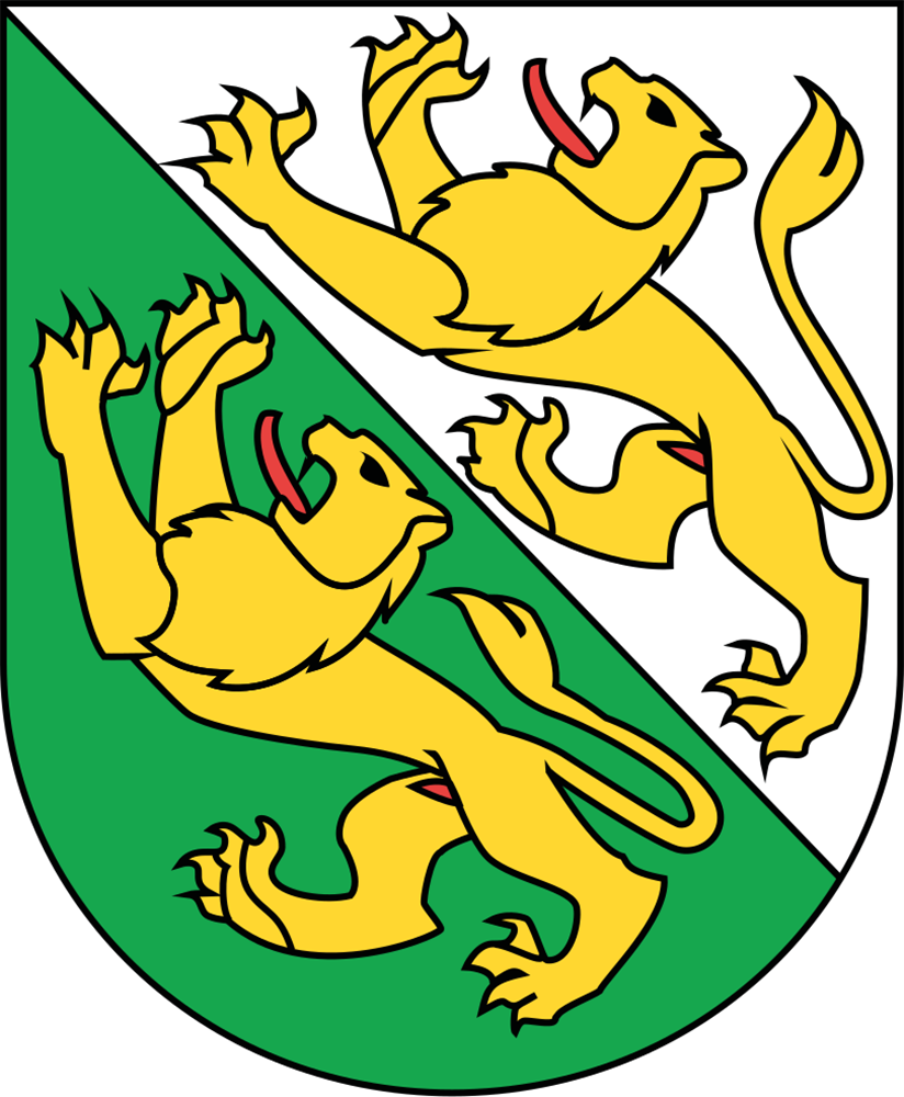 Das Wappen ist grün-weiß geteilt mit zwei gelben Löwen, beide aufrecht, mit roten Zungen.