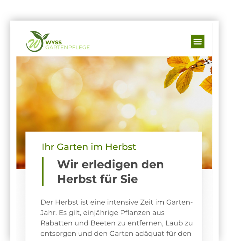 Screenshot einer Mobilseite von Wyss Gartenpflege mit Herbstlaub und Slogan.
