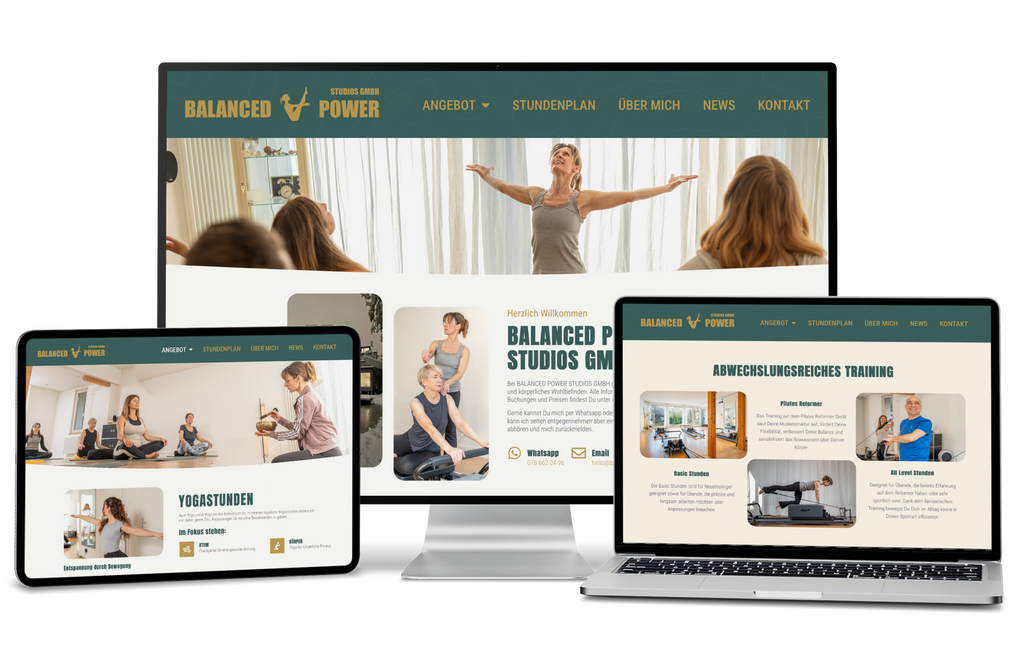 Website "Balanced Power" auf Computer, Tablet und Laptop mit Yoga- und Fitnessbildern.