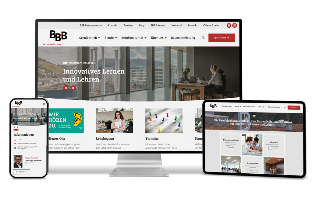 Monitor, Tablet und Smartphone zeigen die BBB Berufsfachschul-Website mit modernem Design.