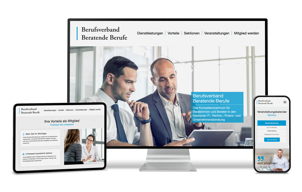 Website auf Desktop, Tablet und Smartphone für "Berufsverband Beratende Berufe.