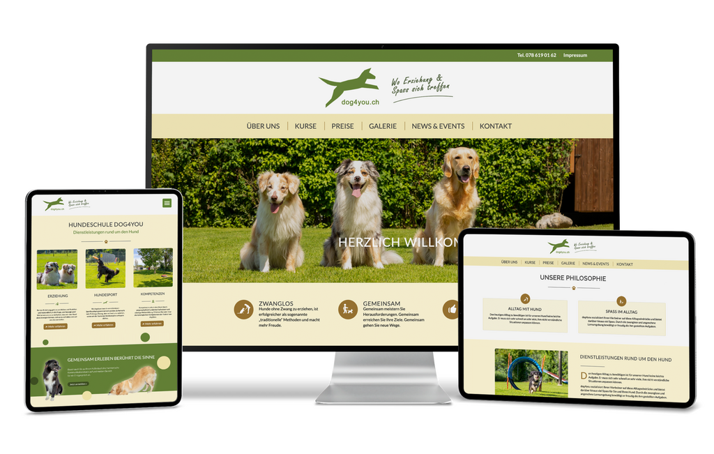 Dog4You-Website auf Tablet, Desktop und Laptop, mit Hunden und Kursinfos in Deutsch.