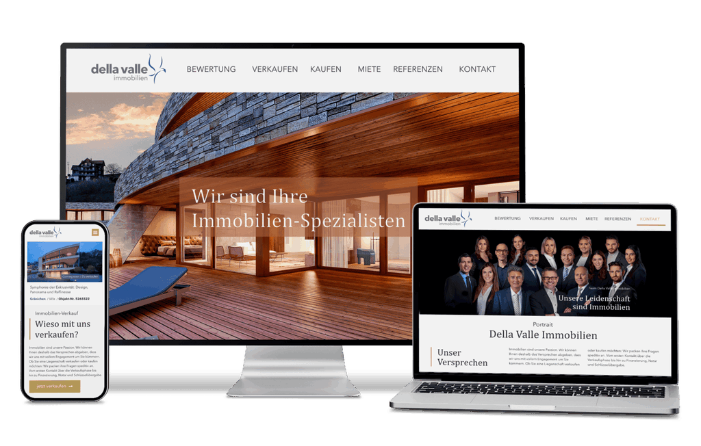 Drei Geräte zeigen die Website von Della Valle Immobilien auf Telefon, Monitor und Laptop an.