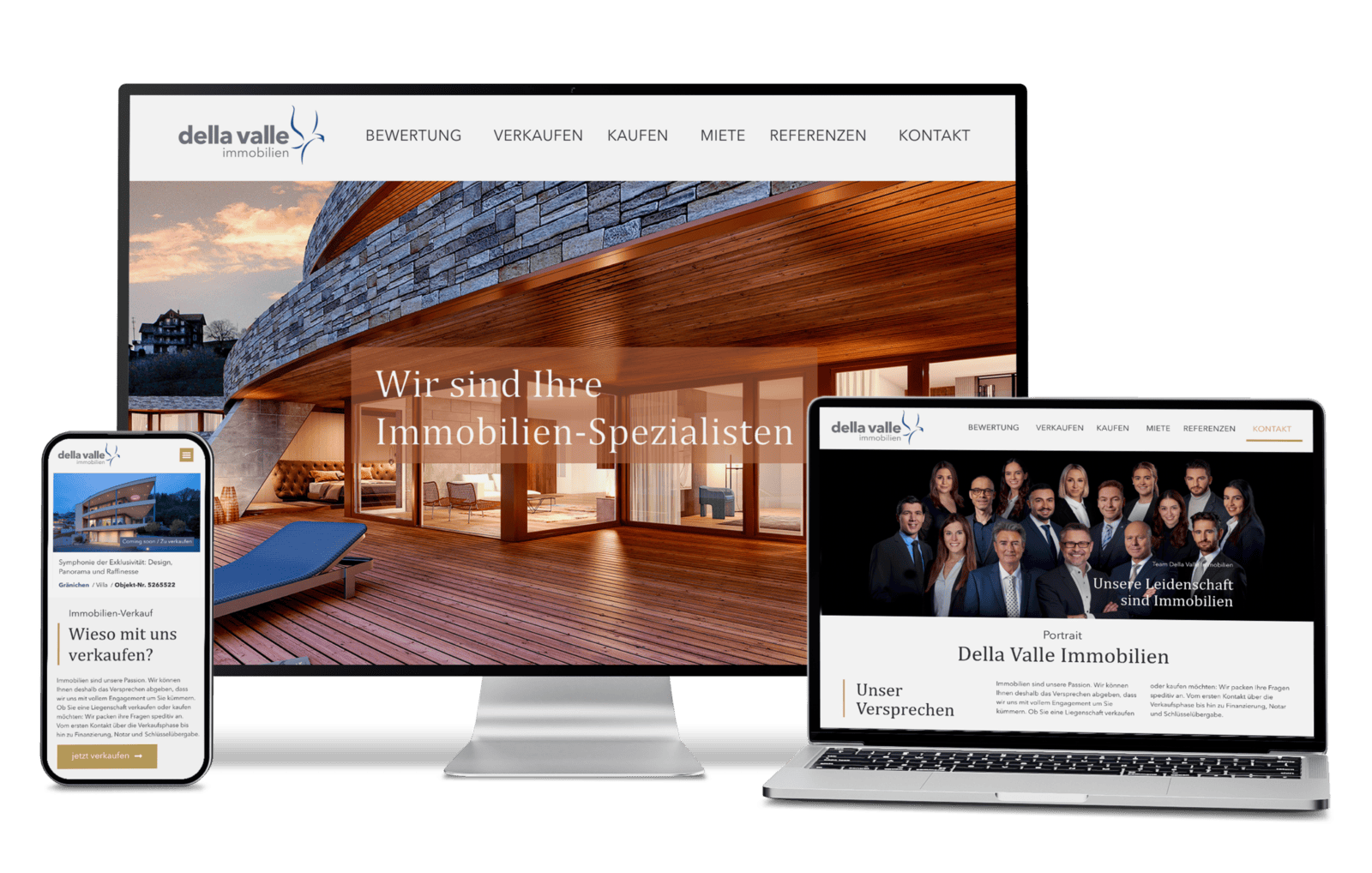 Drei Geräte zeigen die Website von Della Valle Immobilien auf Telefon, Monitor und Laptop an.