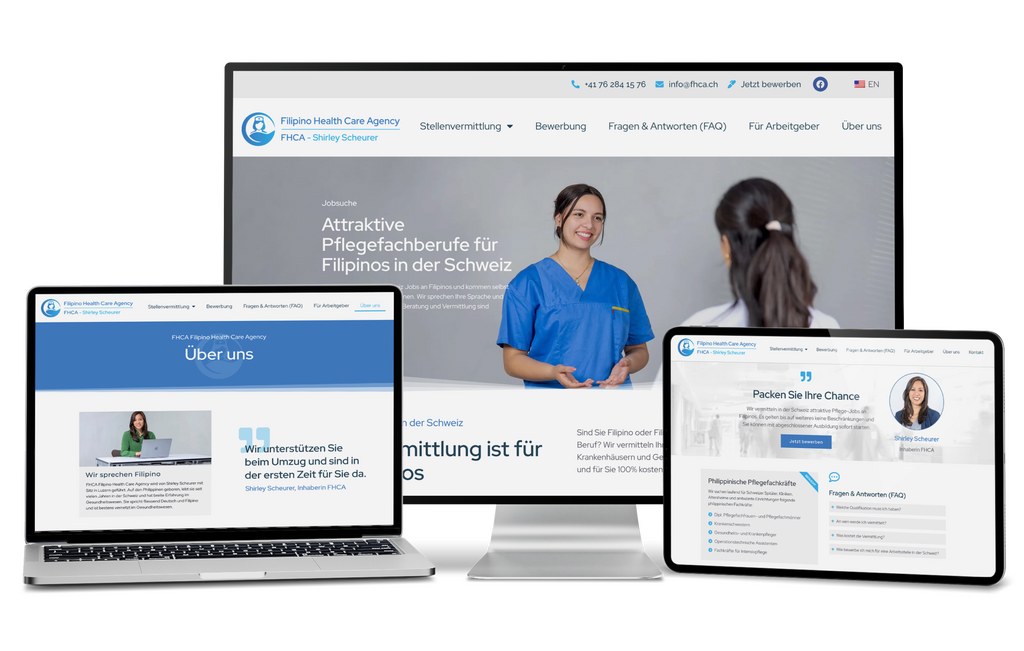 Filipino Health Care Agency Website auf Geräten, zeigt Jobs in der Schweiz, Frau im Kittel.