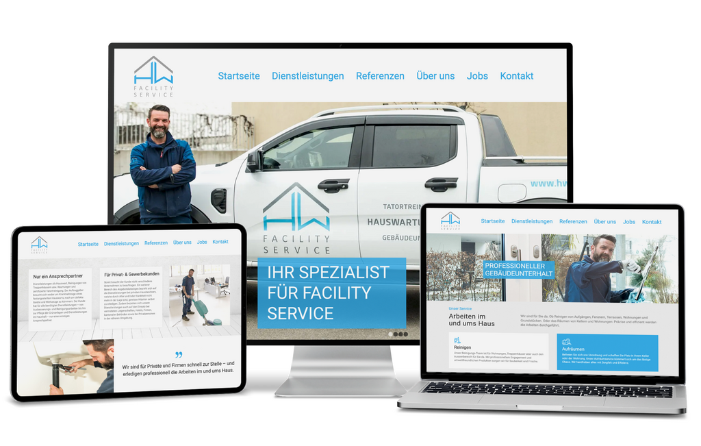 Website einer Facility-Service-Firma auf Desktop, Tablet und Laptop mit Mitarbeitern.