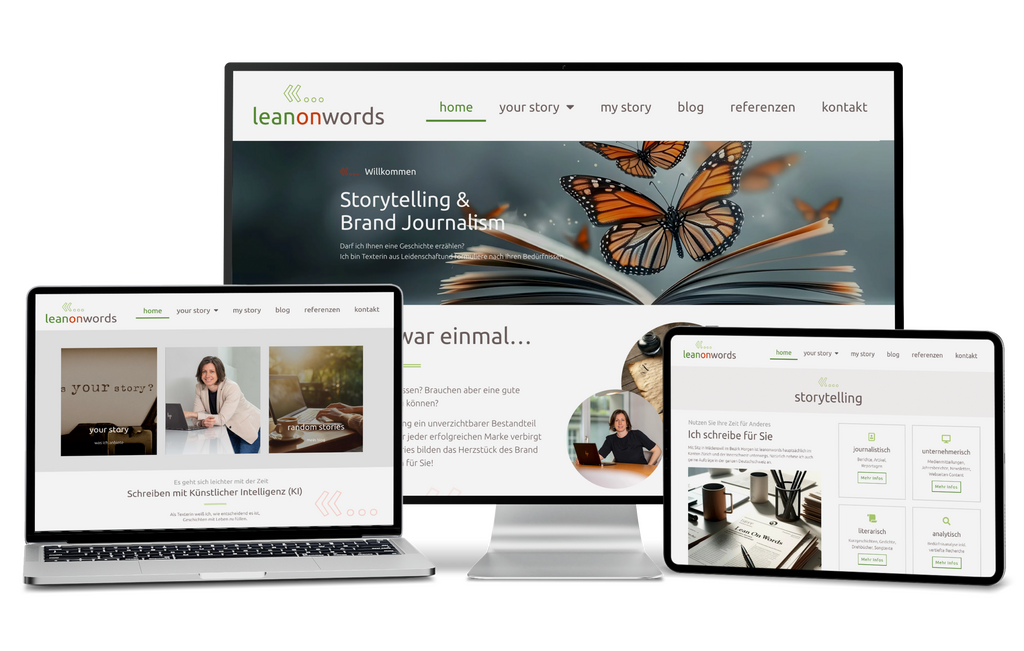 Drei Geräte zeigen die Lean on Words-Website mit Bildern einer Frau und eines Buches an.