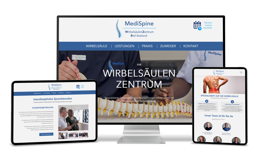 Drei digitale Geräte zeigen die Website des MediSpine WirbelsäulenZentrums auf verschiedenen Bildschirmen an.