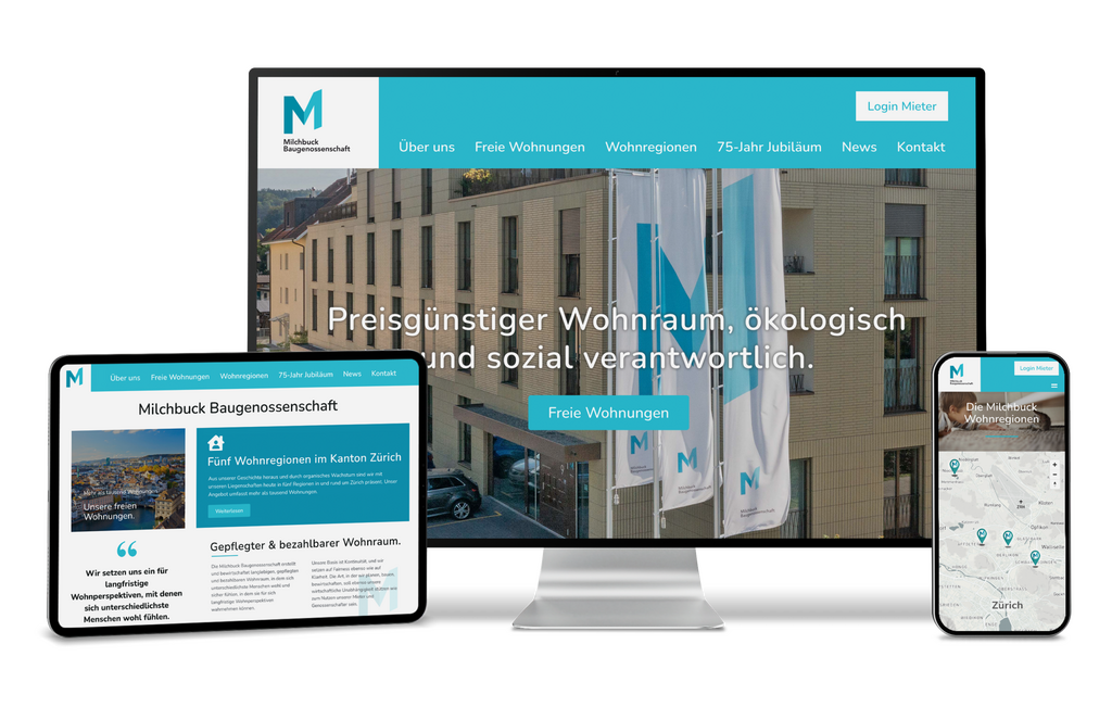 Responsive Michibuch Baugenossenschaft-Website auf Desktop, Tablet und Smartphone.