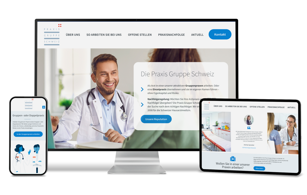 Drei Geräte zeigen eine medizinische Website mit einem lächelnden Arzt und "Die Praxis Gruppe Schweiz".