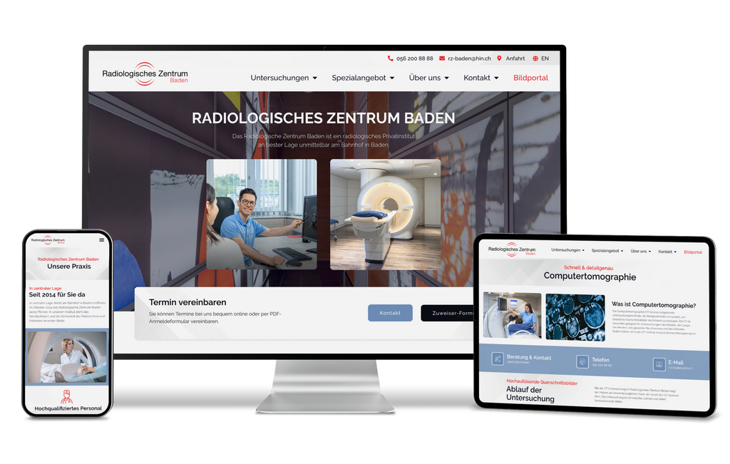 Monitor, Tablet und Smartphone zeigen die Website des Radiologischen Zentrums Baden.