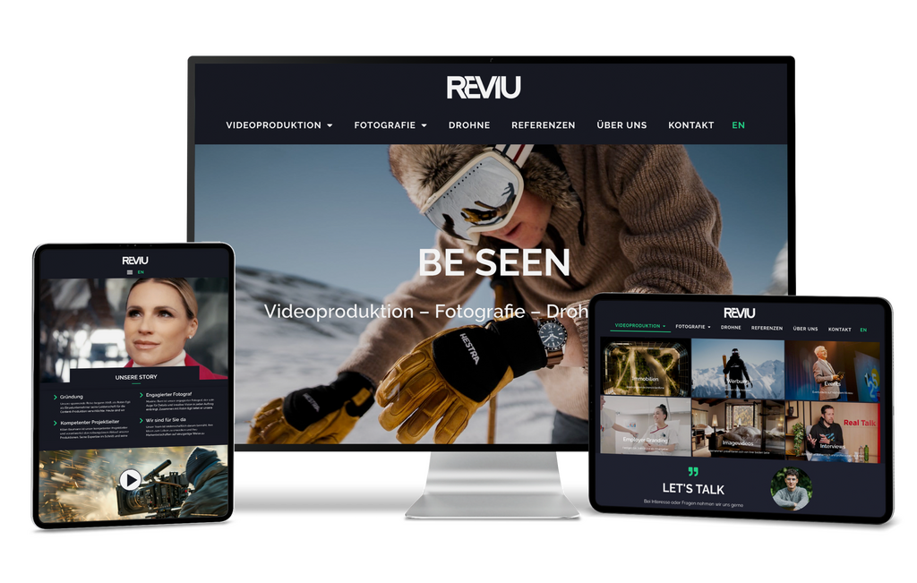 REVIU-Website auf Monitor und Tablets zeigt Video-, Foto- und Drohnendienste.