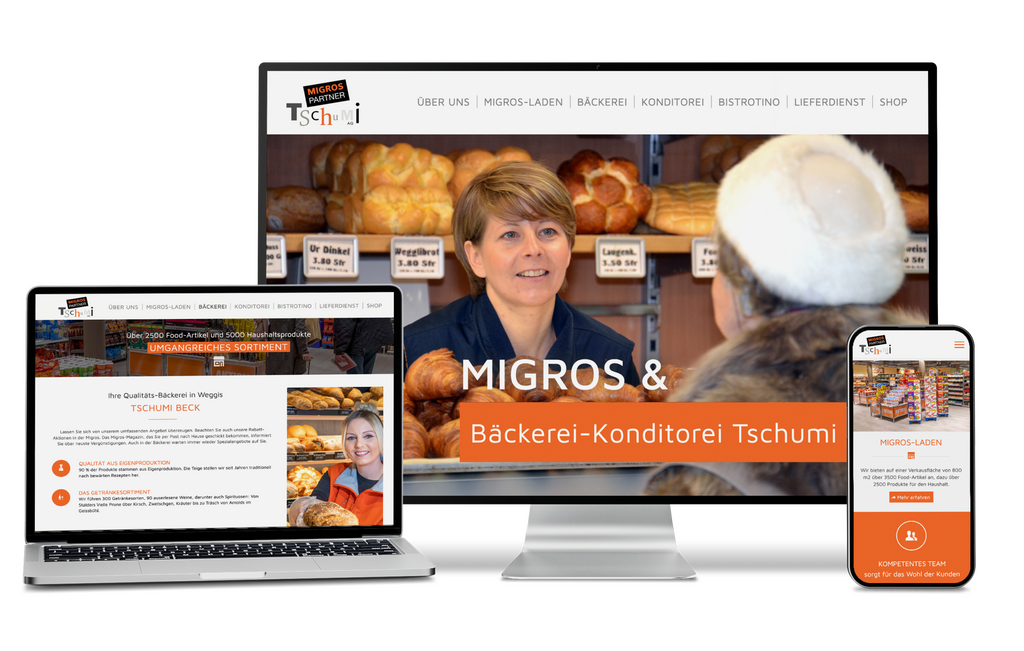 Bäckerei-Website auf Laptop, Monitor und Telefon; Homepage zeigt Frau mit Broten.