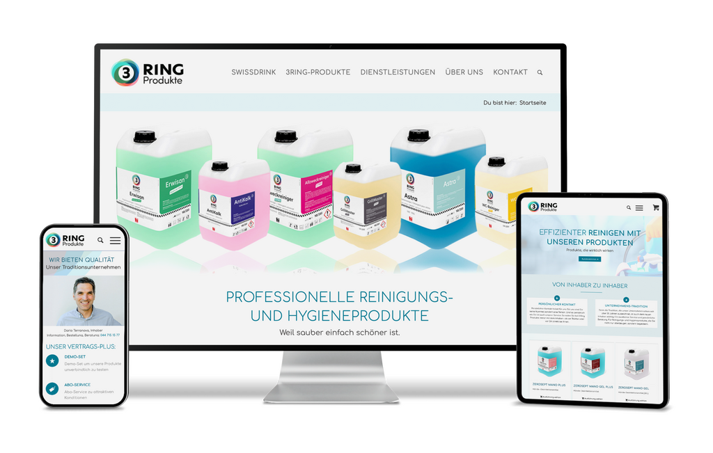 Computer, Tablet und Smartphone zeigen die Website "3 Ring Produkte" für Reinigungsmittel.