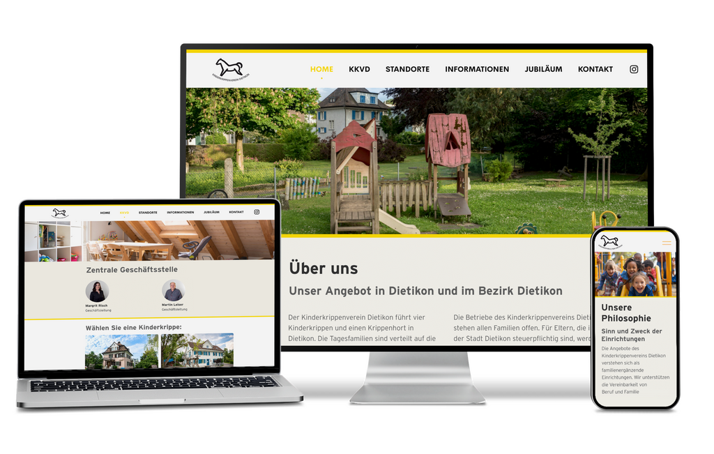 Website für eine Kindertagesstätte auf Laptop, Desktop und Smartphone mit Spielplatzbildern.