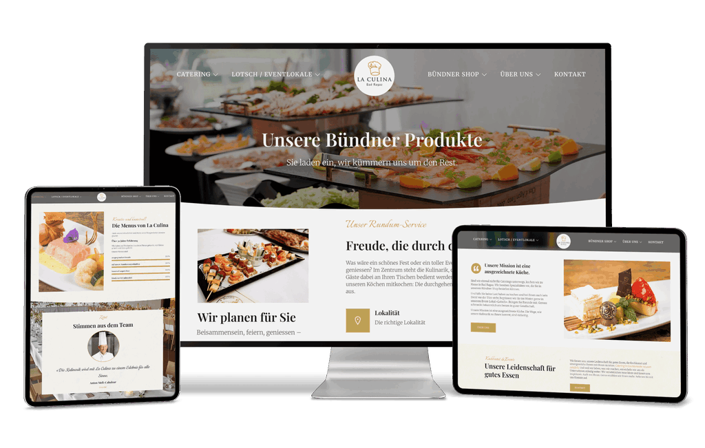 Tablet, Monitor und Laptop zeigen "La Cuisine" Website mit Gourmet-Fotos und Infos.