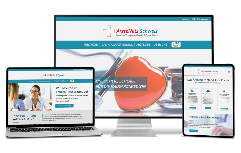 ÄrzteNetz Schweiz Website auf Laptop, Desktop und Tablet mit Herz und Stethoskop.