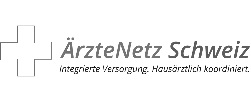 Logo ÄrzteNetz Schweiz mit Kreuz-Symbol links und grauem Text rechts.