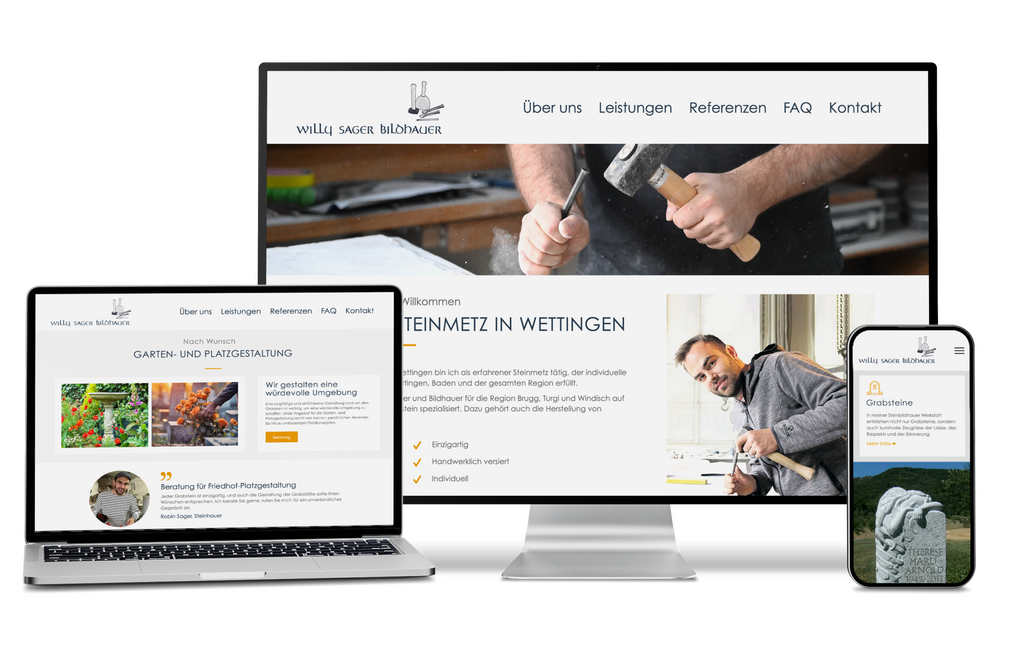 Responsive "Willy Sager Bildhauer" Website auf Laptop, Desktop und Smartphone angezeigt.