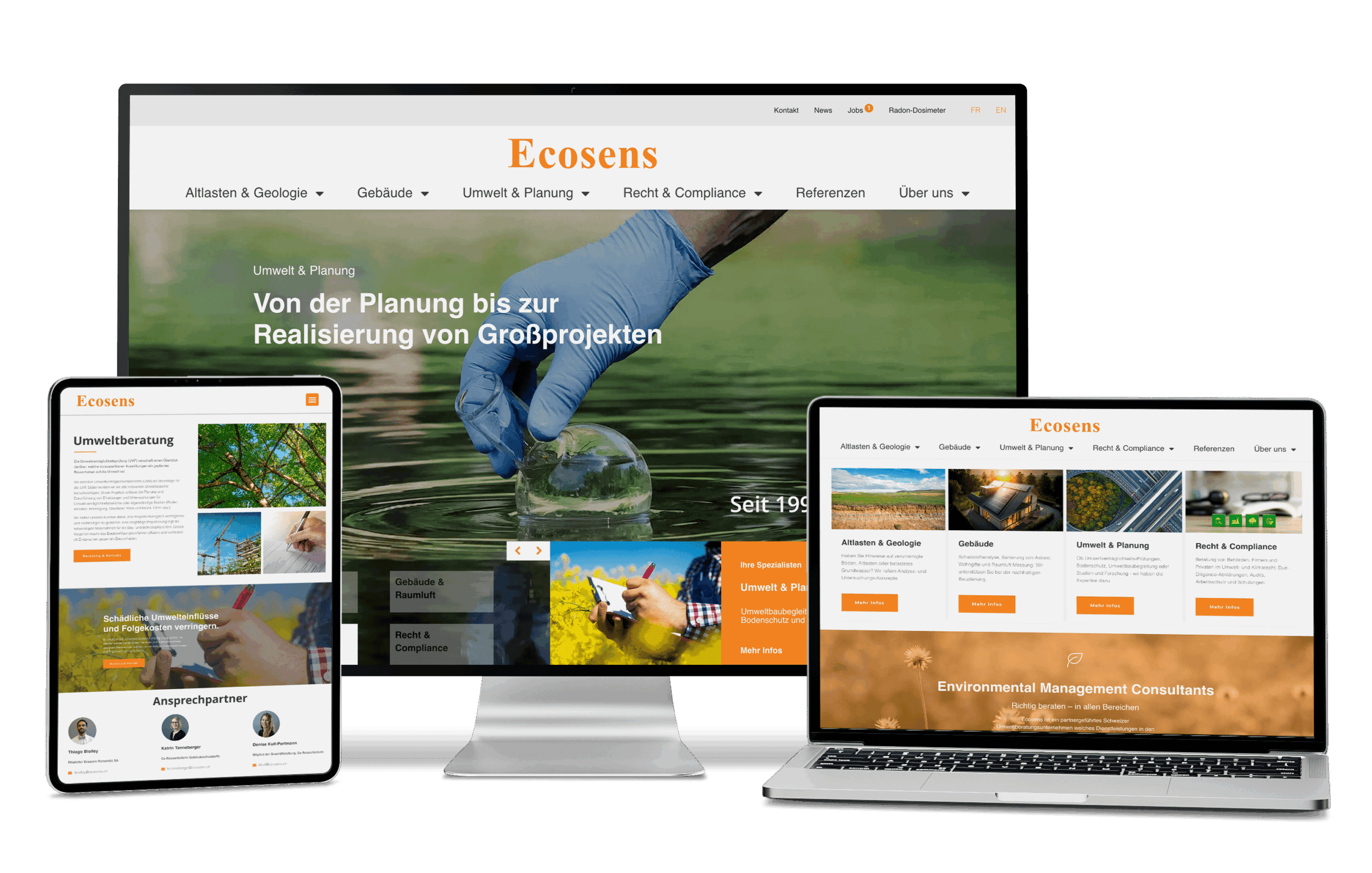 Drei Geräte zeigen die Ecosens-Website mit Umweltberatung und Pflanzenbildern an.