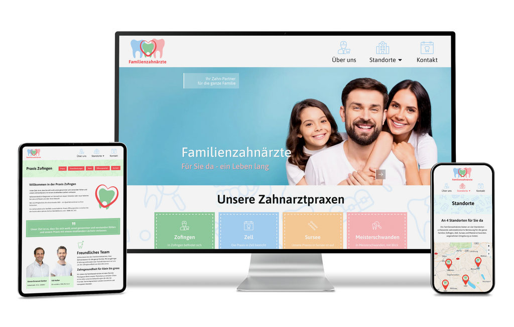 Website des Hauszahnarztes in deutscher Sprache auf Monitor, Tablet und Telefon mit lächelnder Familie.