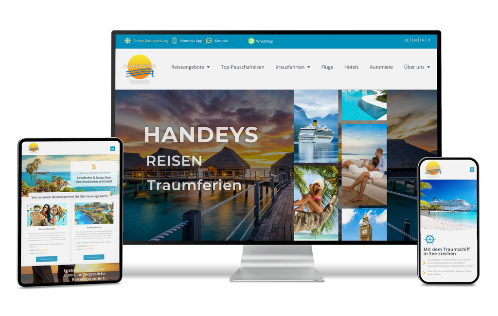 Monitor, Tablet und Smartphone mit Reise-Website "Handeys Reisen Traumferien.