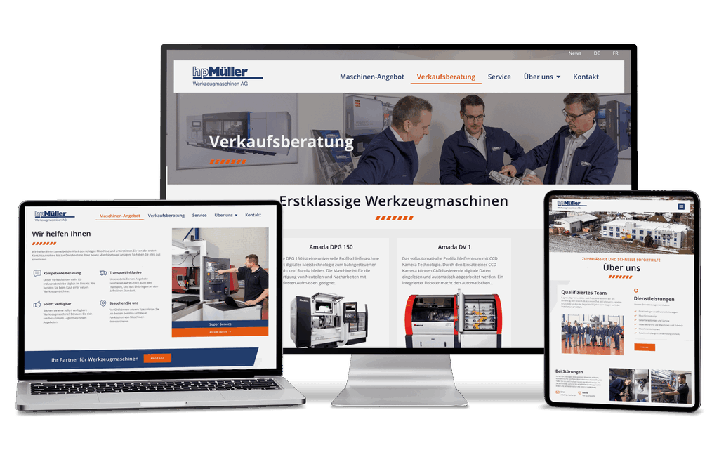 Firmenwebsite "Ing. Müller Werkzeugmaschinen AG" auf Laptop, Monitor und Tablet. Müller Werkzeugmaschinen AG" auf Laptop, Monitor und Tablet.