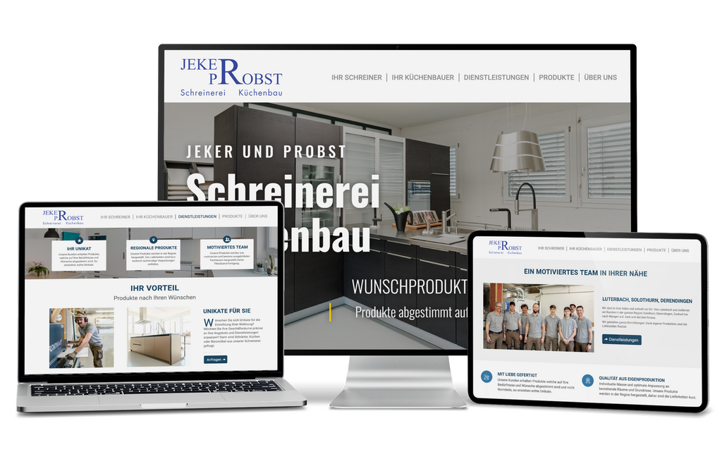 Jeker und Probst Website auf Monitor, Laptop und Tablet mit modernen Küchen.