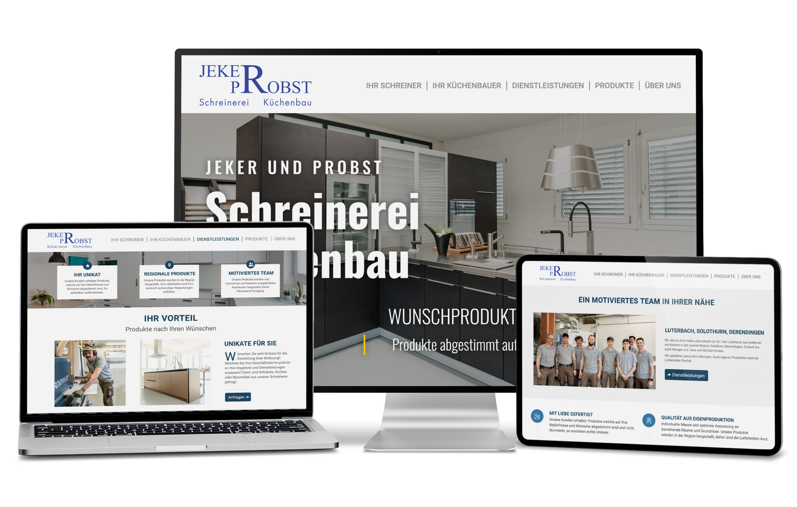 Jeker und Probst Website auf Monitor, Laptop und Tablet mit modernen Küchen.