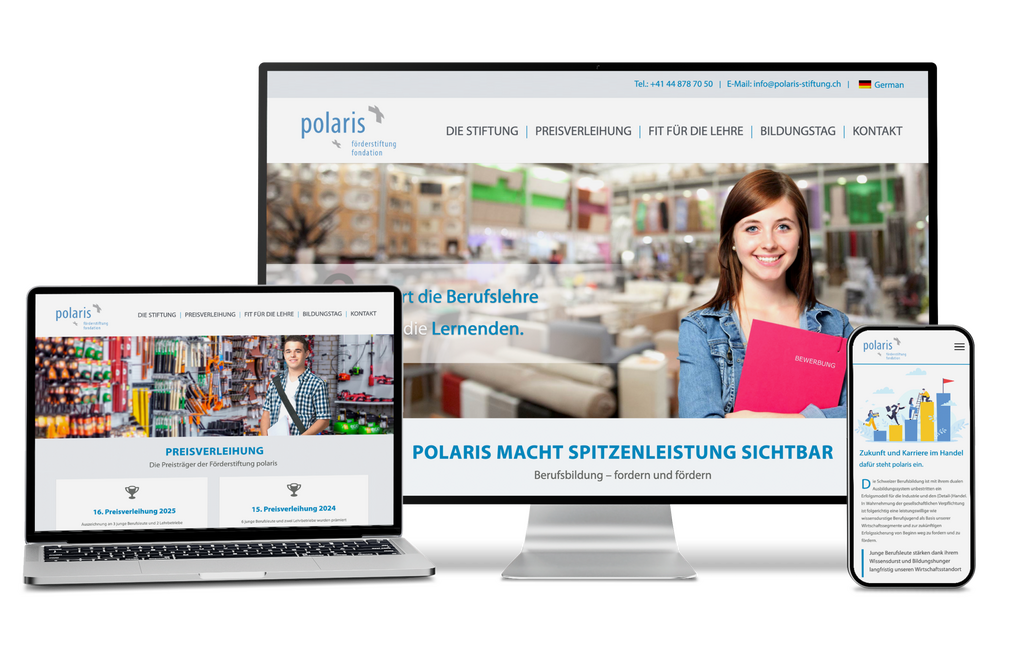 Website der Polaris Berufsstiftung auf Desktop, Laptop und Smartphone mit junger Frau.