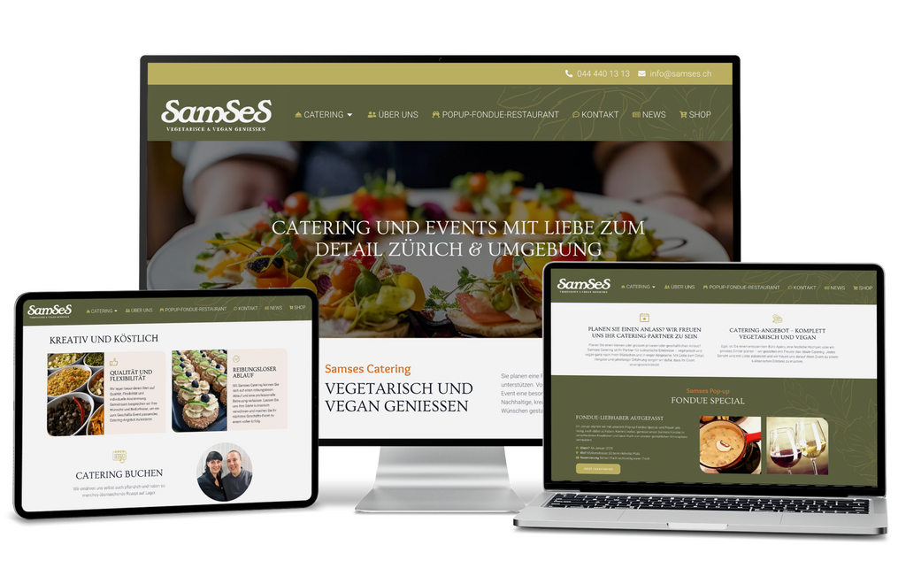 Geräte, die SamSes Catering-Site mit vegetarischen Gerichten und Veranstaltungshinweisen auf Deutsch zeigen.